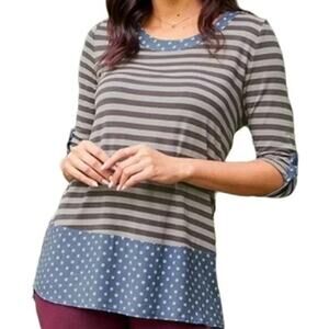 Matilda Jane Medium Let’s Get Lost Top Roll Tab Sleeves Stripes/Polka Dot Tunic